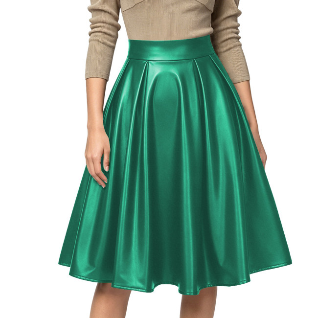 Women Sexy High Waist Party Matte PU Leather A-Line Midi Skirt Flared Skirt Office Back Zipper Casual Outfits Elegant Daily Wear