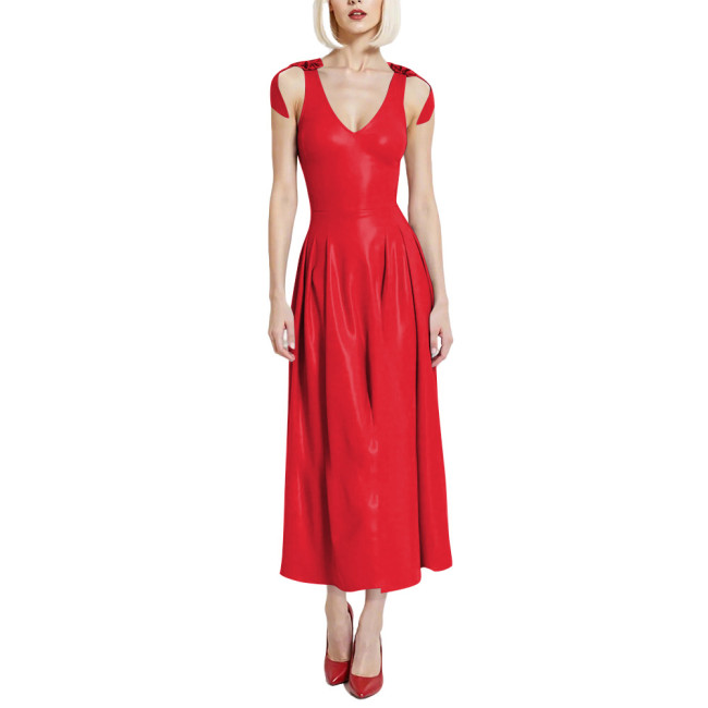 Preppy Style Glossy Smooth PVC A-line Dress Womens V-Neck Sleeveless Pleated Long Dress with Back Zipper Clubwear Party Vestidos