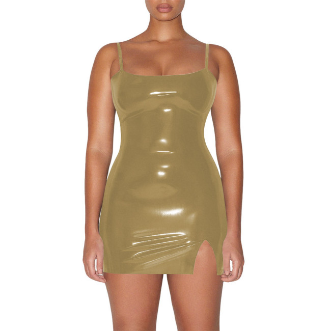 Plus Size Vinyl PVC Leather Spaghetti Straps Dress Women Bodycon Stretch Mini Dress Party Sexy Sleeveless Mini Dresses Clubwear