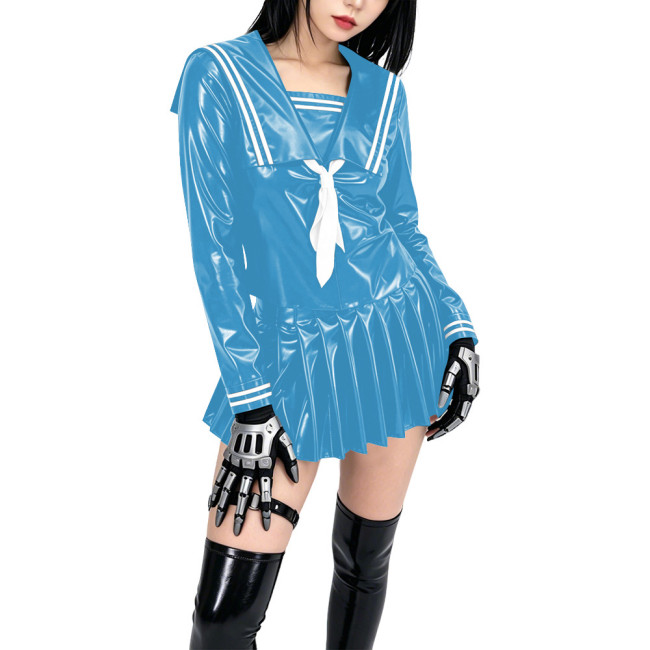 Shiny PVC Sailor Collar School Uniform 2 Piece Set Gothic Crop Top High Waist Pleated Mini Skirt Cosplay Lolita Anime Maid Dress