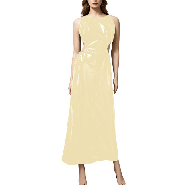 Plus Size Elegant PVC Halter Maxi Dress Women Sleeveless Cutout Waist Evening Gown Glossy Faux Leather Formal Party Sling Dress