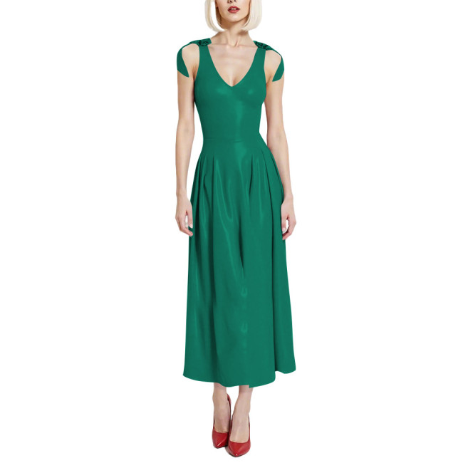 Preppy Style Glossy Smooth PVC A-line Dress Womens V-Neck Sleeveless Pleated Long Dress with Back Zipper Clubwear Party Vestidos
