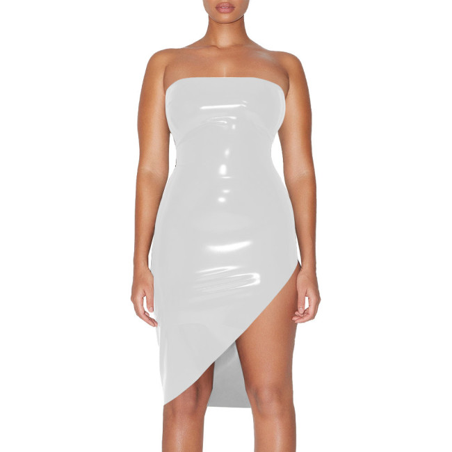 Plus Size Glossy High Street Tube Dress Sexy Strapless Irregular Bodycon Mid Dress for Nightclub Party Womens PVC Shiny Dresses