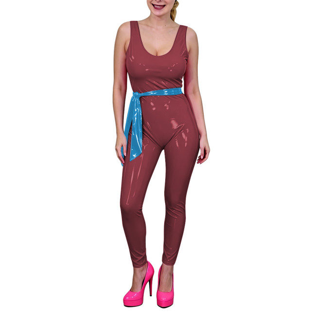 Women Low U-Neck Bodycon Catsuit with Belt Shiny PVC Leather Sleeveless Jumpsuit Wet Look Party Cosplay Outfits Fetish Bodysuit