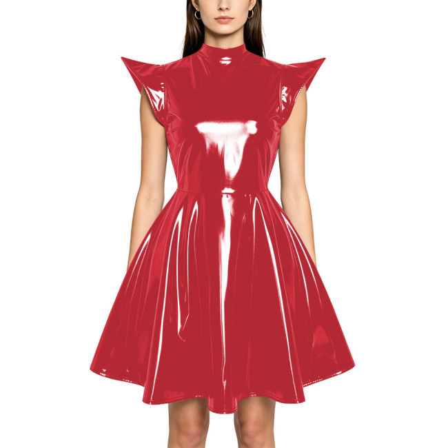 Plus Size Party Glossy Mini Dress Womens PVC Mock Neck High Waist Flared Dress with Back Zipper Wetlook Themed Cosplay Outfit