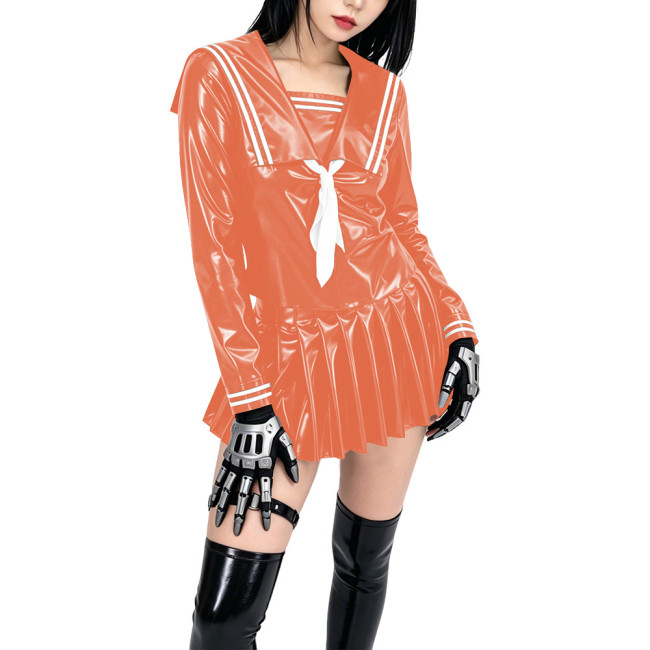 Shiny PVC Sailor Collar School Uniform 2 Piece Set Gothic Crop Top High Waist Pleated Mini Skirt Cosplay Lolita Anime Maid Dress