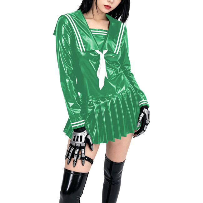 Shiny PVC Sailor Collar School Uniform 2 Piece Set Gothic Crop Top High Waist Pleated Mini Skirt Cosplay Lolita Anime Maid Dress