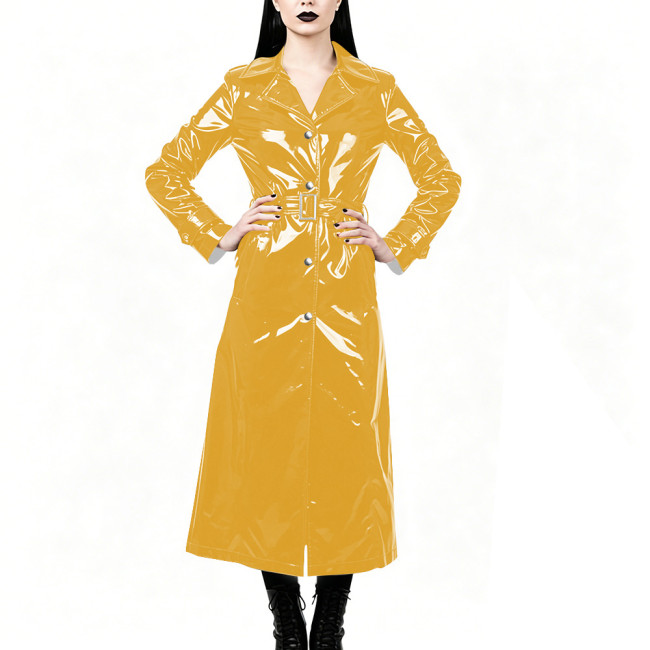 Chic High Street Glossy PVC Long Coat Womens Button-up Lapel Collar Belted Trench Coat Plus Size Outerwear for Nightclub Parties
