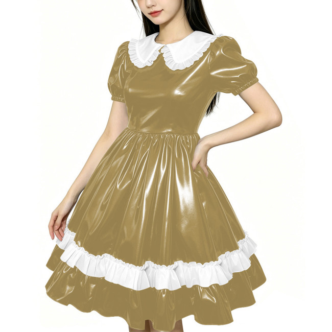 Shiny PVC Doll Collar Lolita Sweet Puff Sleeve Mini Princess Dress Gothic Flared Ruffle Skirt Cosplay Maid Dress Zipper Clubwear