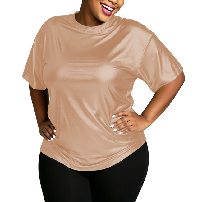 Plus Size Metallic Shiny Loose T-shirt Women Fashion Casual Short Sleeve Solid Color Tops Club Dance Party Round Neck Tee Shirts
