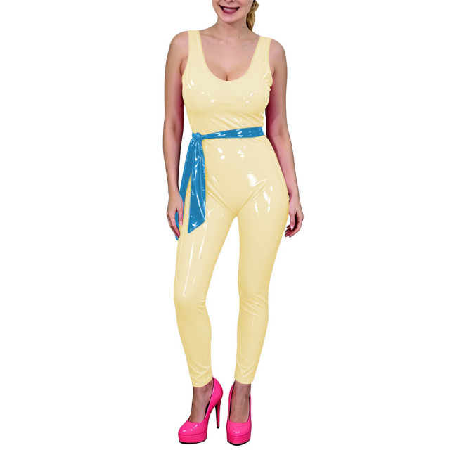 Women Low U-Neck Bodycon Catsuit with Belt Shiny PVC Leather Sleeveless Jumpsuit Wet Look Party Cosplay Outfits Fetish Bodysuit