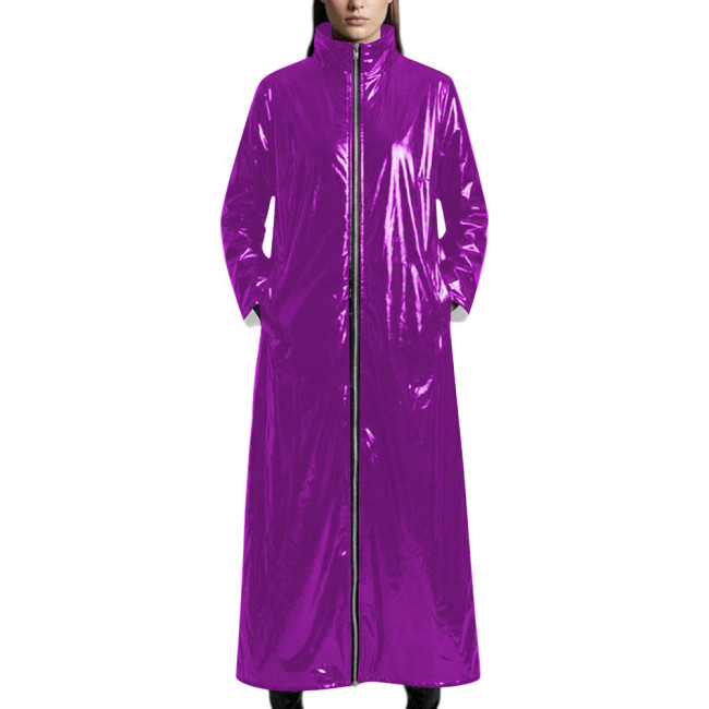 Plus Size Punk Solid Color PVC Shiny Long Coat Stand Collar Full Zip Oversized Trench Outerwear Vinyl Leather Coat Club Outfit