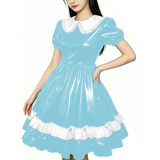Shiny PVC Doll Collar Lolita Sweet Puff Sleeve Mini Princess Dress Gothic Flared Ruffle Skirt Cosplay Maid Dress Zipper Clubwear