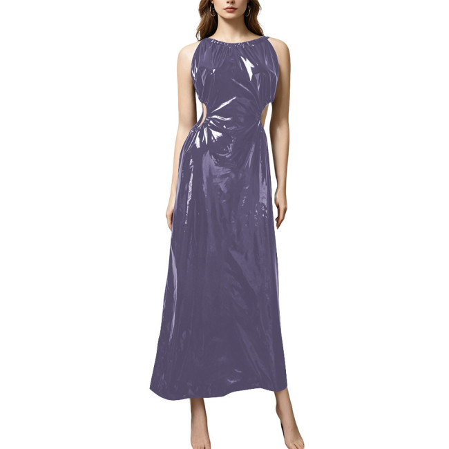 Plus Size Elegant PVC Halter Maxi Dress Women Sleeveless Cutout Waist Evening Gown Glossy Faux Leather Formal Party Sling Dress