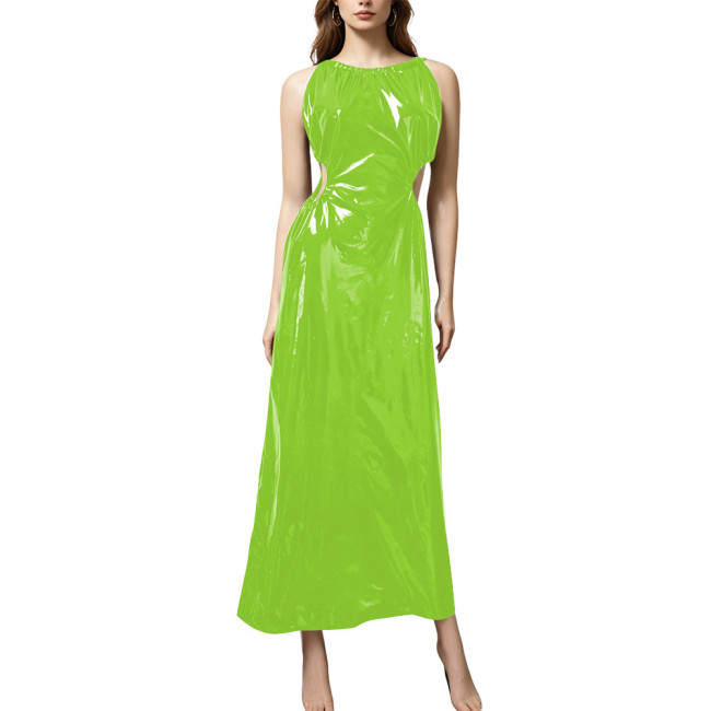 Plus Size Elegant PVC Halter Maxi Dress Women Sleeveless Cutout Waist Evening Gown Glossy Faux Leather Formal Party Sling Dress
