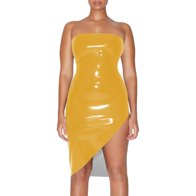 Plus Size Glossy High Street Tube Dress Sexy Strapless Irregular Bodycon Mid Dress for Nightclub Party Womens PVC Shiny Dresses