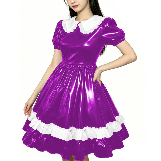 Shiny PVC Doll Collar Lolita Sweet Puff Sleeve Mini Princess Dress Gothic Flared Ruffle Skirt Cosplay Maid Dress Zipper Clubwear