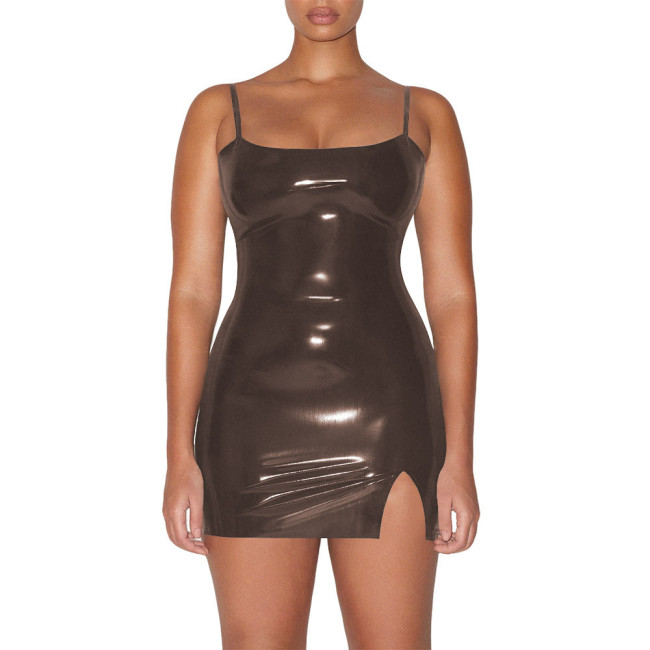 Plus Size Vinyl PVC Leather Spaghetti Straps Dress Women Bodycon Stretch Mini Dress Party Sexy Sleeveless Mini Dresses Clubwear