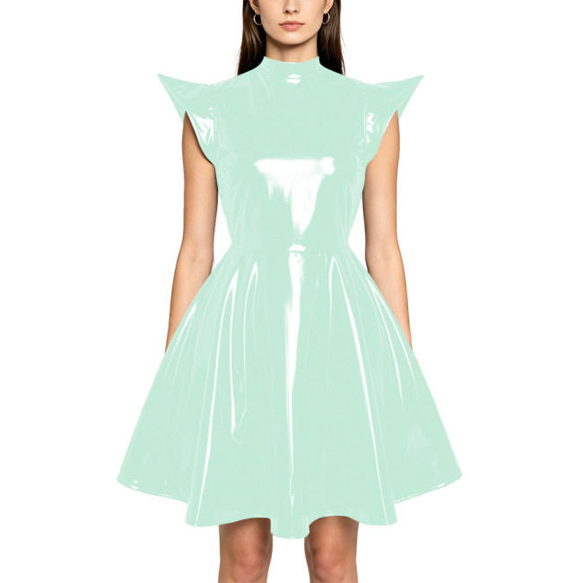 Plus Size Party Glossy Mini Dress Womens PVC Mock Neck High Waist Flared Dress with Back Zipper Wetlook Themed Cosplay Outfit