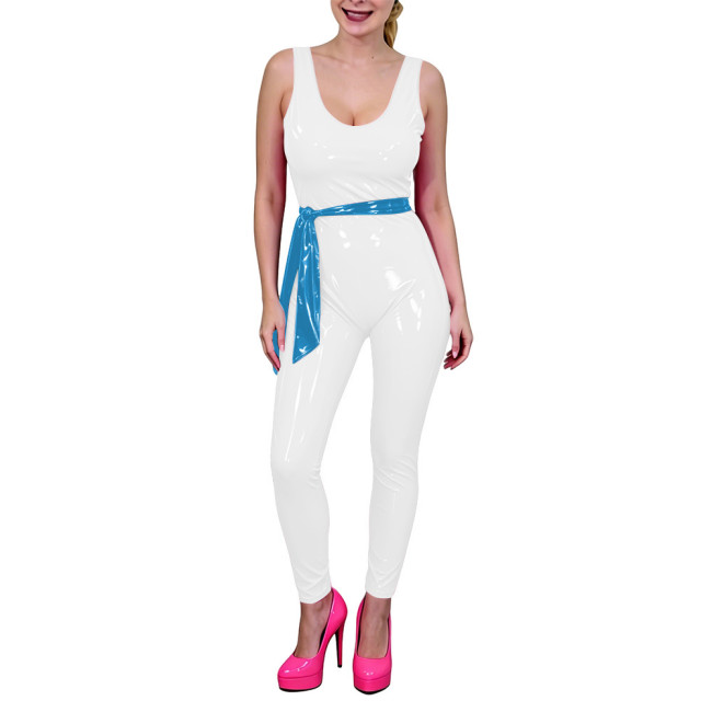 Women Low U-Neck Bodycon Catsuit with Belt Shiny PVC Leather Sleeveless Jumpsuit Wet Look Party Cosplay Outfits Fetish Bodysuit