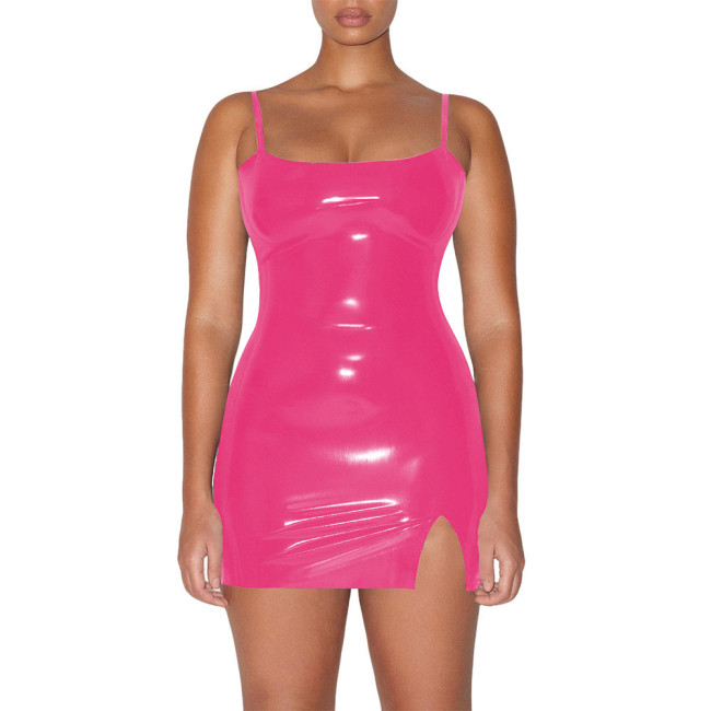 Plus Size Vinyl PVC Leather Spaghetti Straps Dress Women Bodycon Stretch Mini Dress Party Sexy Sleeveless Mini Dresses Clubwear