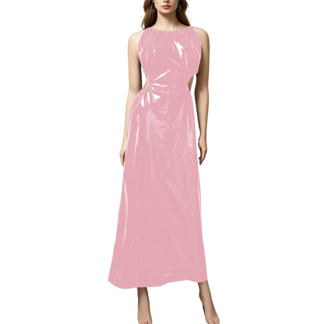 Plus Size Elegant PVC Halter Maxi Dress Women Sleeveless Cutout Waist Evening Gown Glossy Faux Leather Formal Party Sling Dress