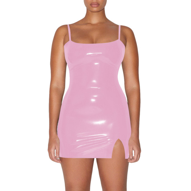 Plus Size Vinyl PVC Leather Spaghetti Straps Dress Women Bodycon Stretch Mini Dress Party Sexy Sleeveless Mini Dresses Clubwear