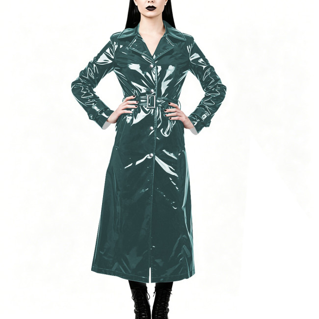 Chic High Street Glossy PVC Long Coat Womens Button-up Lapel Collar Belted Trench Coat Plus Size Outerwear for Nightclub Parties