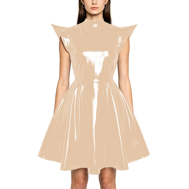 Plus Size Party Glossy Mini Dress Womens PVC Mock Neck High Waist Flared Dress with Back Zipper Wetlook Themed Cosplay Outfit