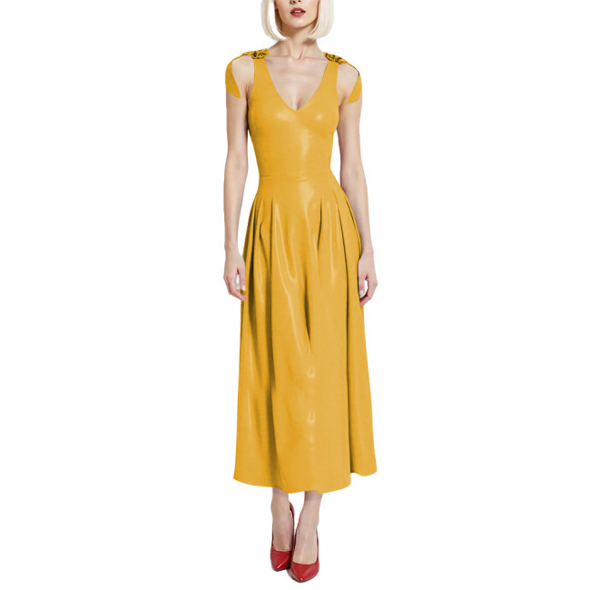 Preppy Style Glossy Smooth PVC A-line Dress Womens V-Neck Sleeveless Pleated Long Dress with Back Zipper Clubwear Party Vestidos