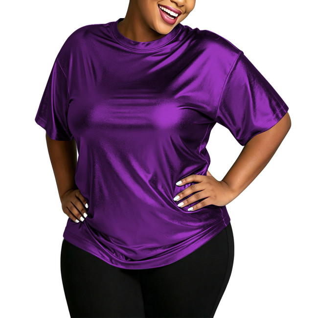 Plus Size Metallic Shiny Loose T-shirt Women Fashion Casual Short Sleeve Solid Color Tops Club Dance Party Round Neck Tee Shirts