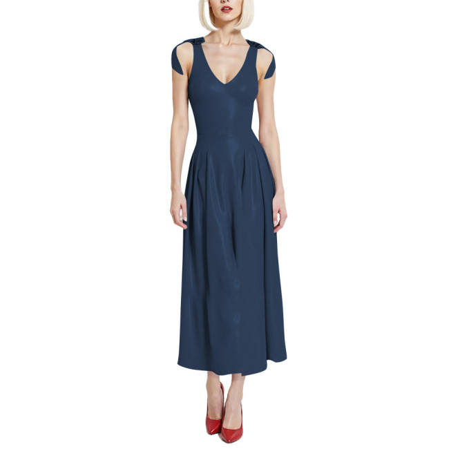 Preppy Style Glossy Smooth PVC A-line Dress Womens V-Neck Sleeveless Pleated Long Dress with Back Zipper Clubwear Party Vestidos