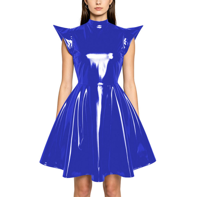 Plus Size Party Glossy Mini Dress Womens PVC Mock Neck High Waist Flared Dress with Back Zipper Wetlook Themed Cosplay Outfit