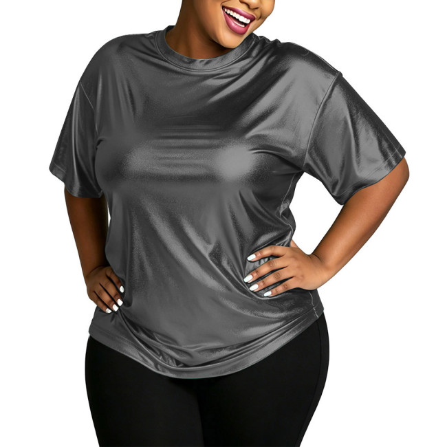 Plus Size Metallic Shiny Loose T-shirt Women Fashion Casual Short Sleeve Solid Color Tops Club Dance Party Round Neck Tee Shirts