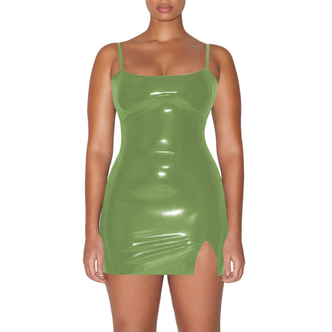 Plus Size Vinyl PVC Leather Spaghetti Straps Dress Women Bodycon Stretch Mini Dress Party Sexy Sleeveless Mini Dresses Clubwear
