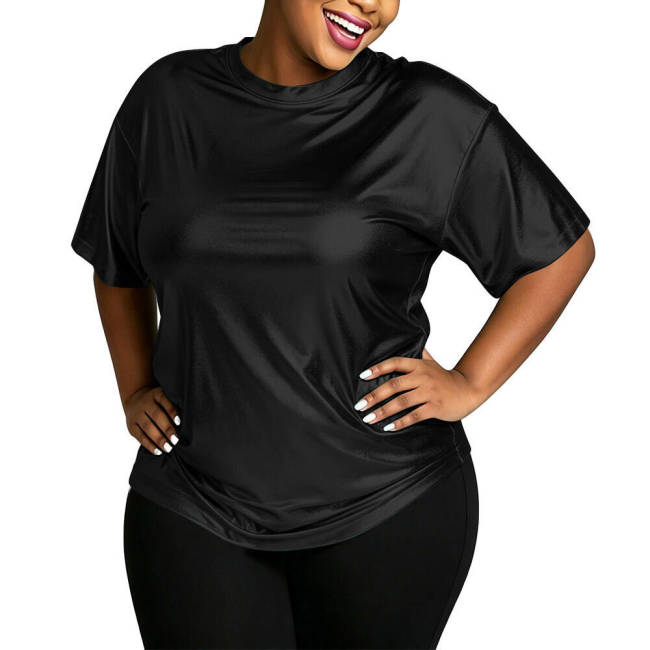 Plus Size Metallic Shiny Loose T-shirt Women Fashion Casual Short Sleeve Solid Color Tops Club Dance Party Round Neck Tee Shirts