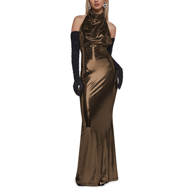 Chic Shiny Backless Halter Long Dress Elegant Ladies Floor Length Mermaid Dress Womens Clubwear Metallic Liquid Party Dresses