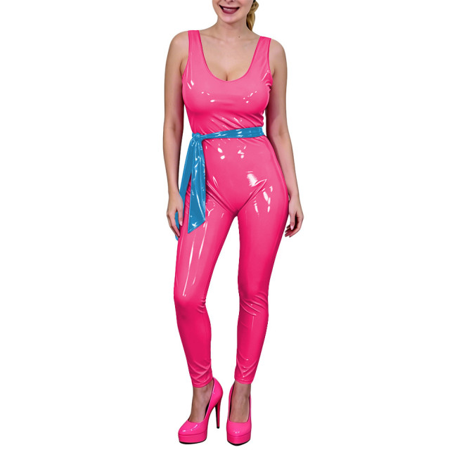 Women Low U-Neck Bodycon Catsuit with Belt Shiny PVC Leather Sleeveless Jumpsuit Wet Look Party Cosplay Outfits Fetish Bodysuit