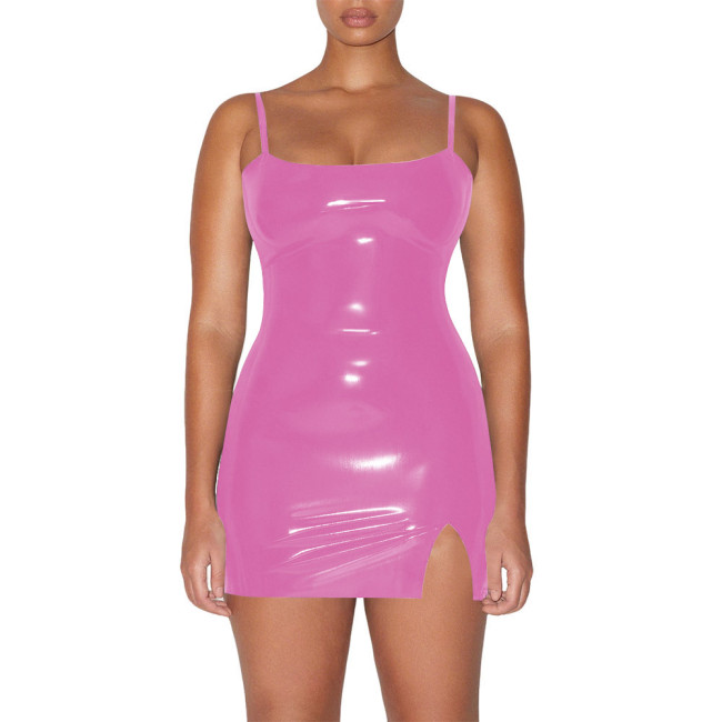 Plus Size Vinyl PVC Leather Spaghetti Straps Dress Women Bodycon Stretch Mini Dress Party Sexy Sleeveless Mini Dresses Clubwear