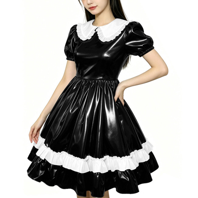 Shiny PVC Doll Collar Lolita Sweet Puff Sleeve Mini Princess Dress Gothic Flared Ruffle Skirt Cosplay Maid Dress Zipper Clubwear