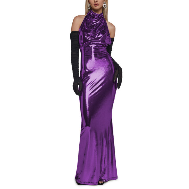 Chic Shiny Backless Halter Long Dress Elegant Ladies Floor Length Mermaid Dress Womens Clubwear Metallic Liquid Party Dresses