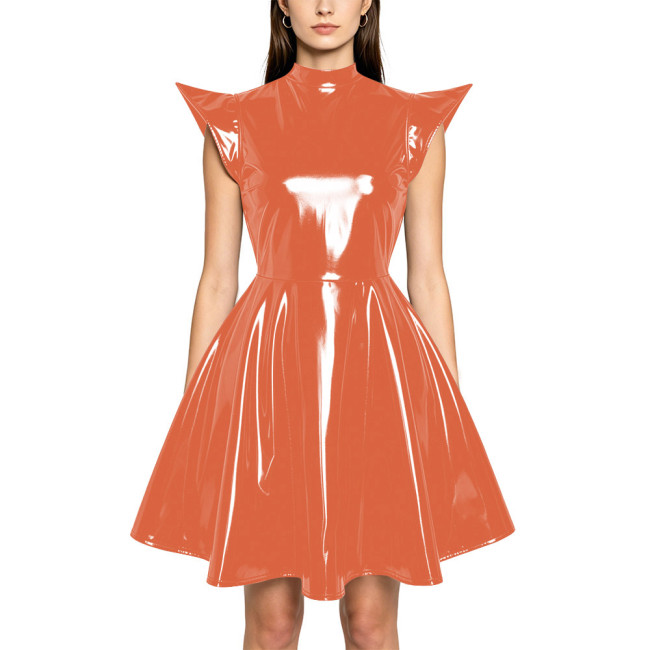 Plus Size Party Glossy Mini Dress Womens PVC Mock Neck High Waist Flared Dress with Back Zipper Wetlook Themed Cosplay Outfit