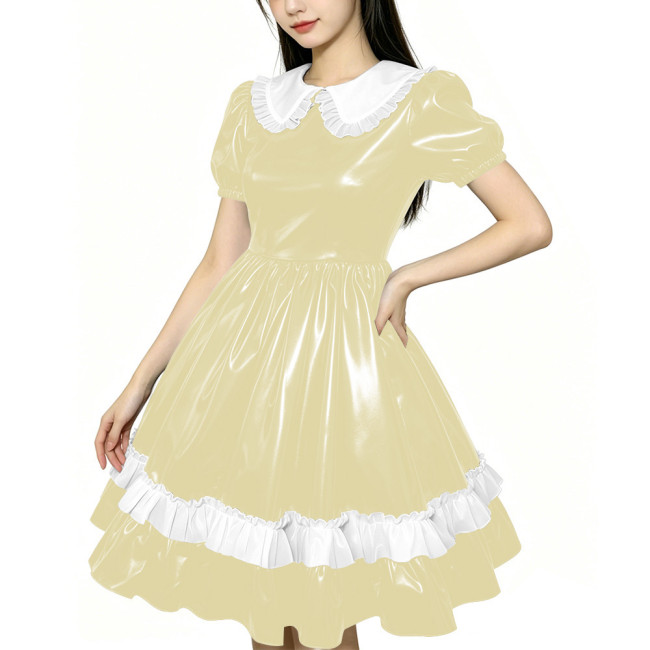 Shiny PVC Doll Collar Lolita Sweet Puff Sleeve Mini Princess Dress Gothic Flared Ruffle Skirt Cosplay Maid Dress Zipper Clubwear