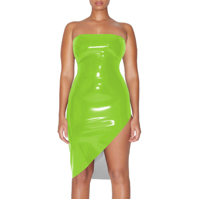 Plus Size Glossy High Street Tube Dress Sexy Strapless Irregular Bodycon Mid Dress for Nightclub Party Womens PVC Shiny Dresses