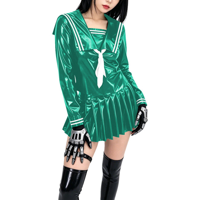 Shiny PVC Sailor Collar School Uniform 2 Piece Set Gothic Crop Top High Waist Pleated Mini Skirt Cosplay Lolita Anime Maid Dress