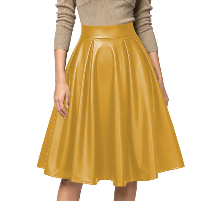 Women Sexy High Waist Party Matte PU Leather A-Line Midi Skirt Flared Skirt Office Back Zipper Casual Outfits Elegant Daily Wear