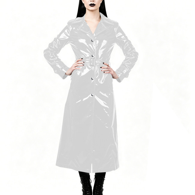 Chic High Street Glossy PVC Long Coat Womens Button-up Lapel Collar Belted Trench Coat Plus Size Outerwear for Nightclub Parties