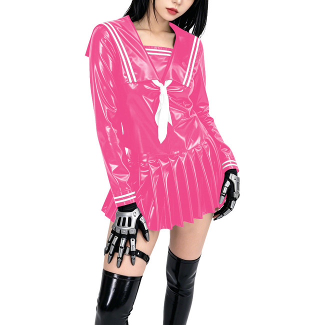 Shiny PVC Sailor Collar School Uniform 2 Piece Set Gothic Crop Top High Waist Pleated Mini Skirt Cosplay Lolita Anime Maid Dress