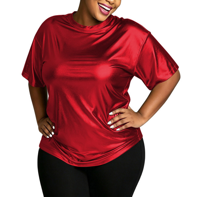 Plus Size Metallic Shiny Loose T-shirt Women Fashion Casual Short Sleeve Solid Color Tops Club Dance Party Round Neck Tee Shirts