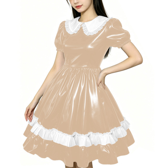 Shiny PVC Doll Collar Lolita Sweet Puff Sleeve Mini Princess Dress Gothic Flared Ruffle Skirt Cosplay Maid Dress Zipper Clubwear
